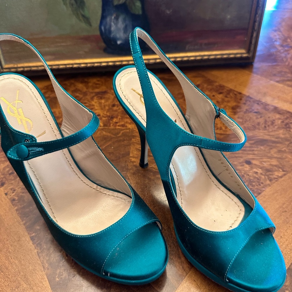 Yves Saint Laurent Blue Satin Slingback Heels